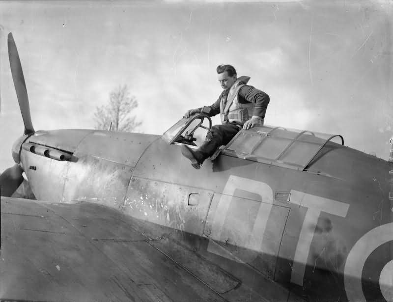 Flt Lt Blatchford climbing out of his Hurricane Mk I