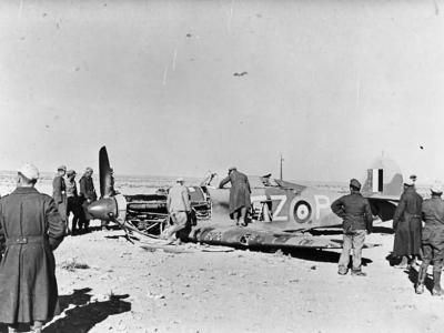 German soldiers inspect Hurricane Mk II code FZ-P of No 94 Squadron RAF shot down in North Africa