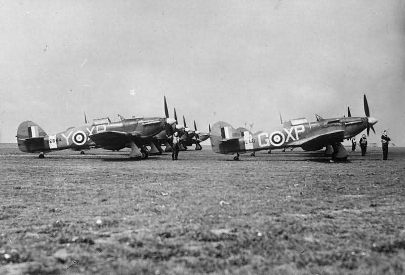 Hurricane Mk IIB of No 174 Squadron RAF lined up at Manston Kent