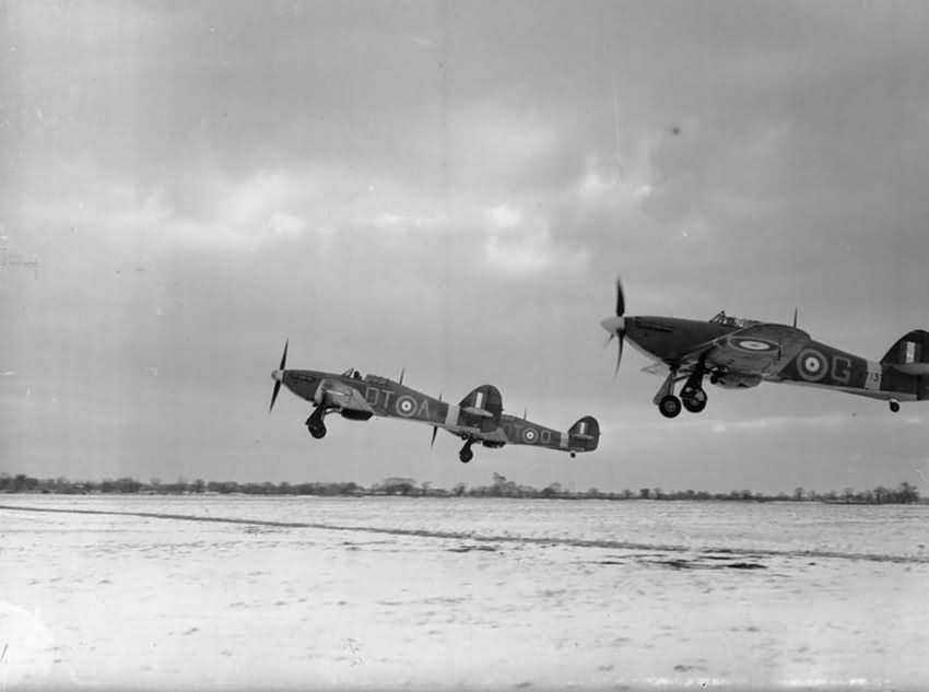 Hurricane Mk I of No 257 Squadron RAF take off from Coltishall Norfolk Squadron Leader R R Stanford Tuck in V6864 code DT-A