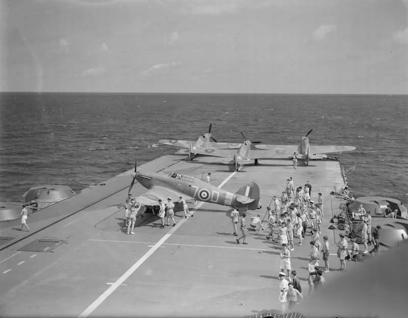 Hurricane being ranged on the flight deck of HMS Indomitable Malta convoy 10-12 August 1942