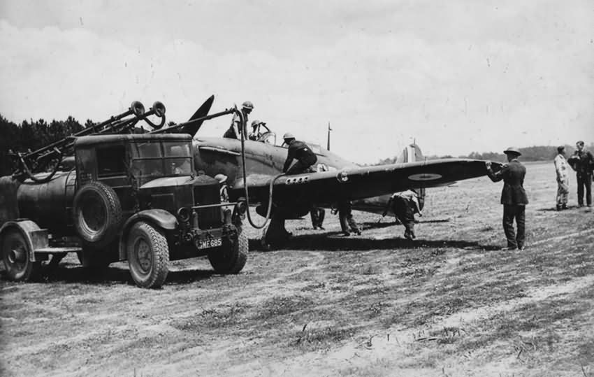 Hurricane of No 229 Squadron being re fuelled and re-armed August 1940