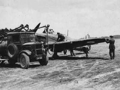 Hurricane of No 229 Squadron being re fuelled and re-armed August 1940