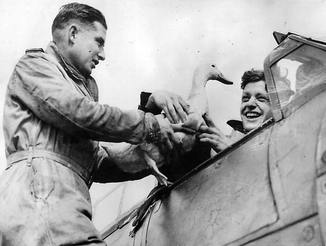 Hurricane of No 249 Squadron RAF pilots with mascot duck Wilfred 1941