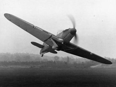 Hurricane with the „Night and White” undersurfaces of No 56 Squadron flying at low level April 1940