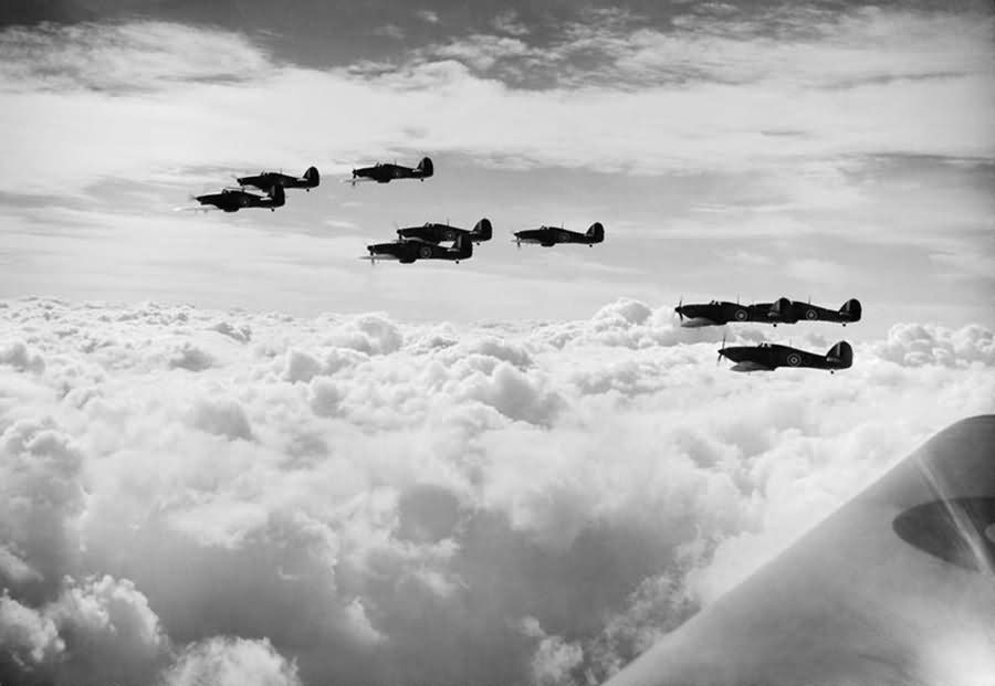 Hurricanes Mk I of No 85 Squadron RAF on patrol during the Battle of Britain
