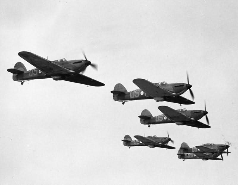 Hurricanes of No 56 Squadron in flight April 1940