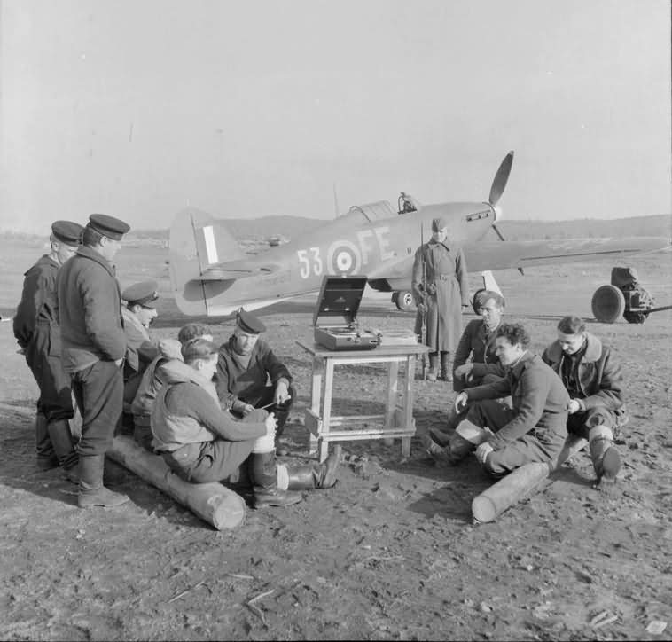 RAF personnel and Soviet sailors at Vaenga,Russia. Hurricane Mk IIB Z5227, code FE-53 of No 81 Squadron RAF