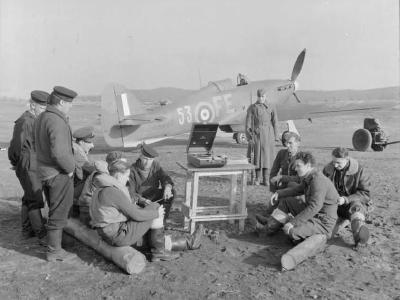RAF personnel and Soviet sailors at Vaenga,Russia. Hurricane Mk IIB Z5227, code FE-53 of No 81 Squadron RAF