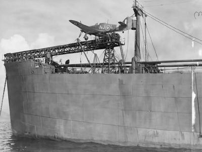 Sea Hurricane Mk IA V6756 NJ-L on the catapult of a CAM Ship at Greenock