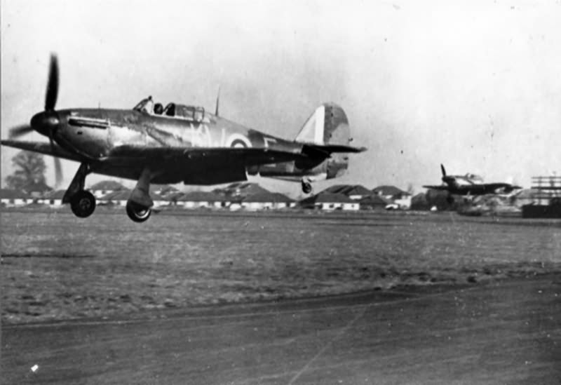 Hurricane Mk I KW-E of No 615 Squadron landing at Northolt in 1940
