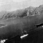 Mosquito launching a rocket attack on German shipping in a Norwegian Fjord 1944