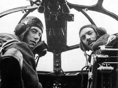 RAF pilots seated at controls of Stirling 1941