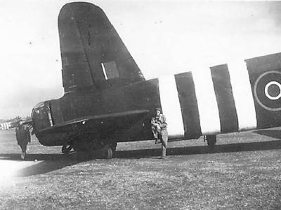 Short Stirling tail with D-Day stripes
