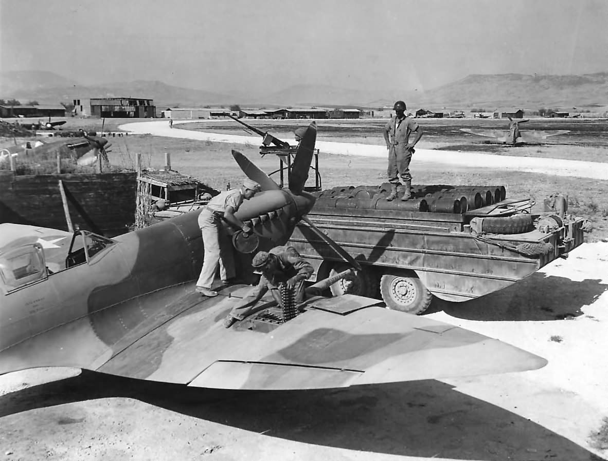 DUKW brings gas to refuel Spitfire. Pilot Robert Rahn, 309th FS, 31st Fighter Group at Sicily 1943