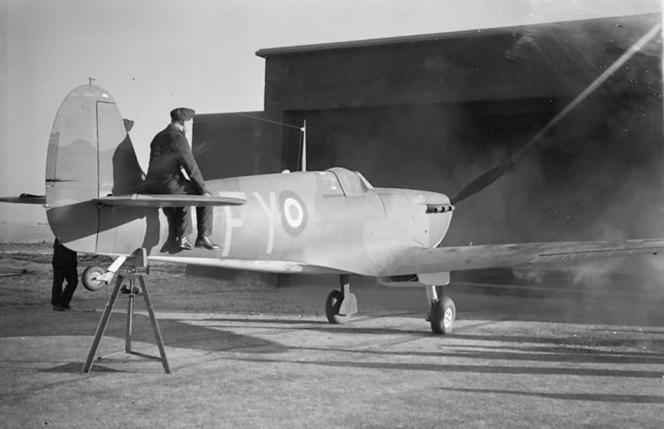 Spitfire Mk I N3072 of 611 Squadron RAF during a firing test at the gun butts at Digby