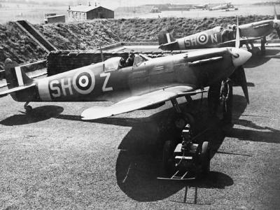 Spitfires Mk Vb of No 64 Squadron RAF in revetments at Hornchurch