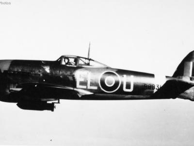 Typhoon R9831 EL-U of No. 181 Squadron RAF in flight