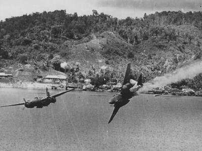 A-20G Havoc 43-9432 Bevo of the 387th BS hit by flak during an attack on Kokas New Guinea 22 July 1944