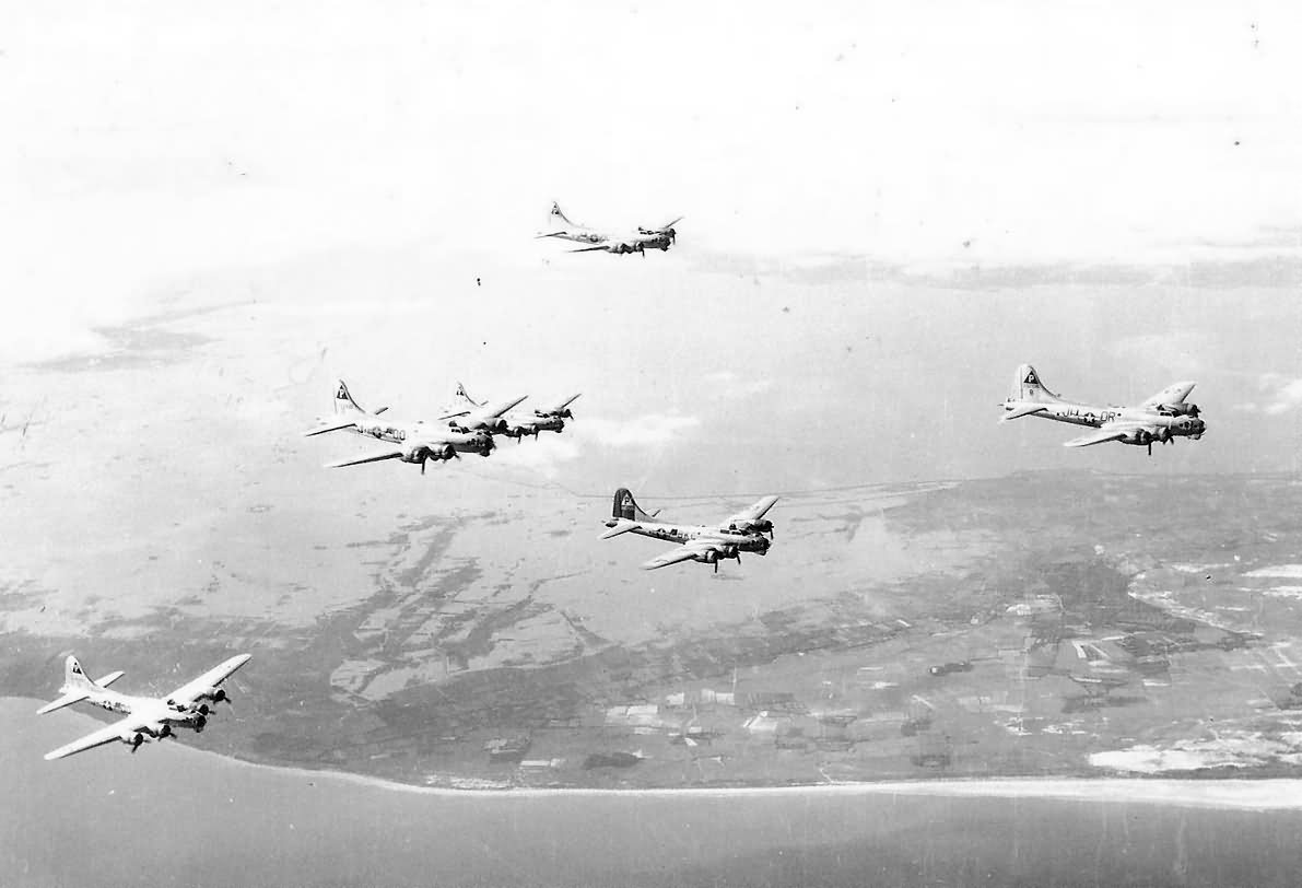 384th Bomb Group B-17G Bombers flying over coast