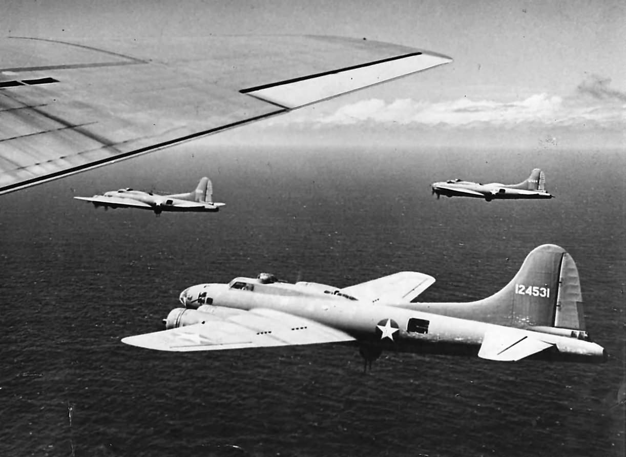 B-17F’s of the 26th Bomb Squadron, 11th Bomb Group, enroute to raid on Buka airfield and Shortland Harbor on Bougainville