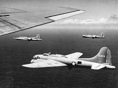 B-17F’s of the 26th Bomb Squadron, 11th Bomb Group, enroute to raid on Buka airfield and Shortland Harbor on Bougainville