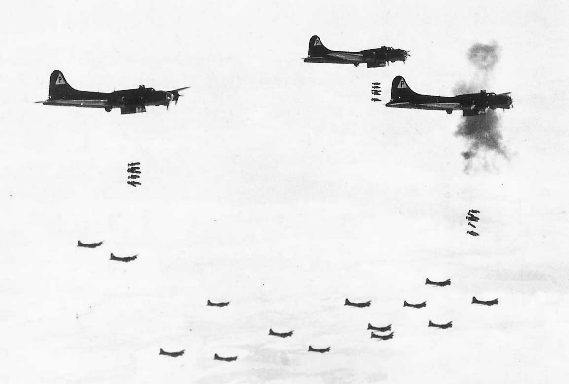B-17G Bombers Dropping Bombs Thru Flak Bursts 384th Bomb Group