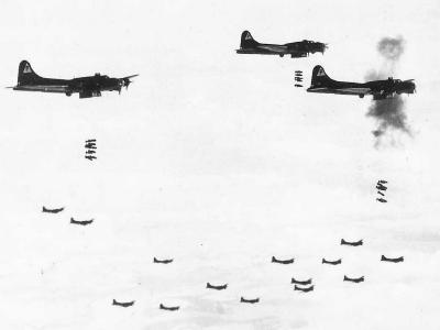 B-17G Bombers Dropping Bombs Thru Flak Bursts 384th Bomb Group