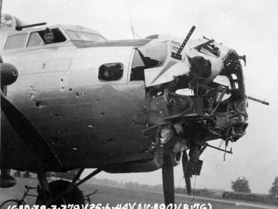 Battle damaged Boeing B-17 Flying Fortress from 379th Bomb Group