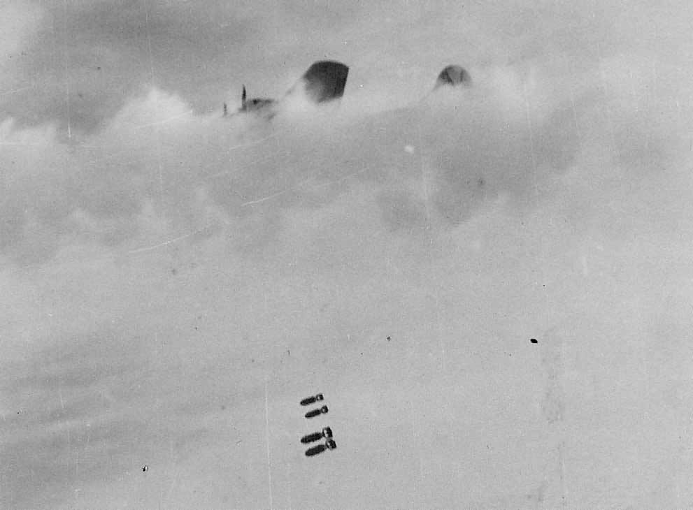 B-17 Flying Fortress Dropping Bombs In Heavy Cloud Cover 384th BG
