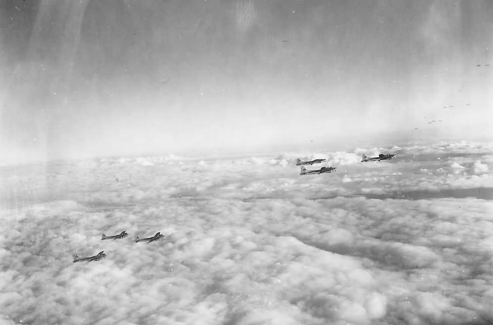 B-17 Flying Fortress bombers above the clouds over Germany 28 July 1944