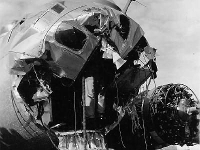 Flak damaged B-17G Flying Fortress 44-8811 of the 398th Bomb Group, 600th BS 1945