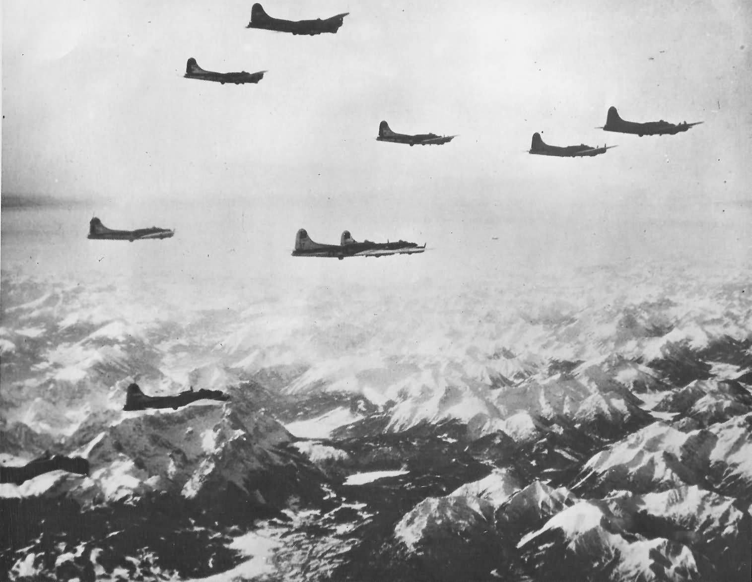 8th AF B-17 Flying Fortress over Alps to Munich Railyards