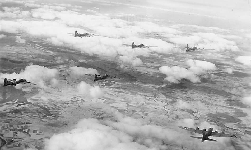 Aerial View B-17 Bombers of 384th Bomb Group on Mission