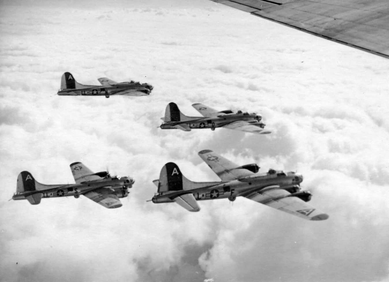 Four B-17 of the 91st Bomb Group 401st BS Kassel Mission. „Jezebel” 42-38144 and „Anxious Angel” 43-38035