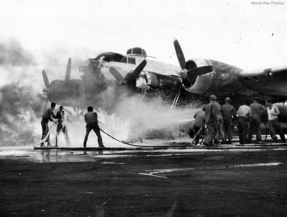 Firefighters working to save B-17 8th AF England 1944