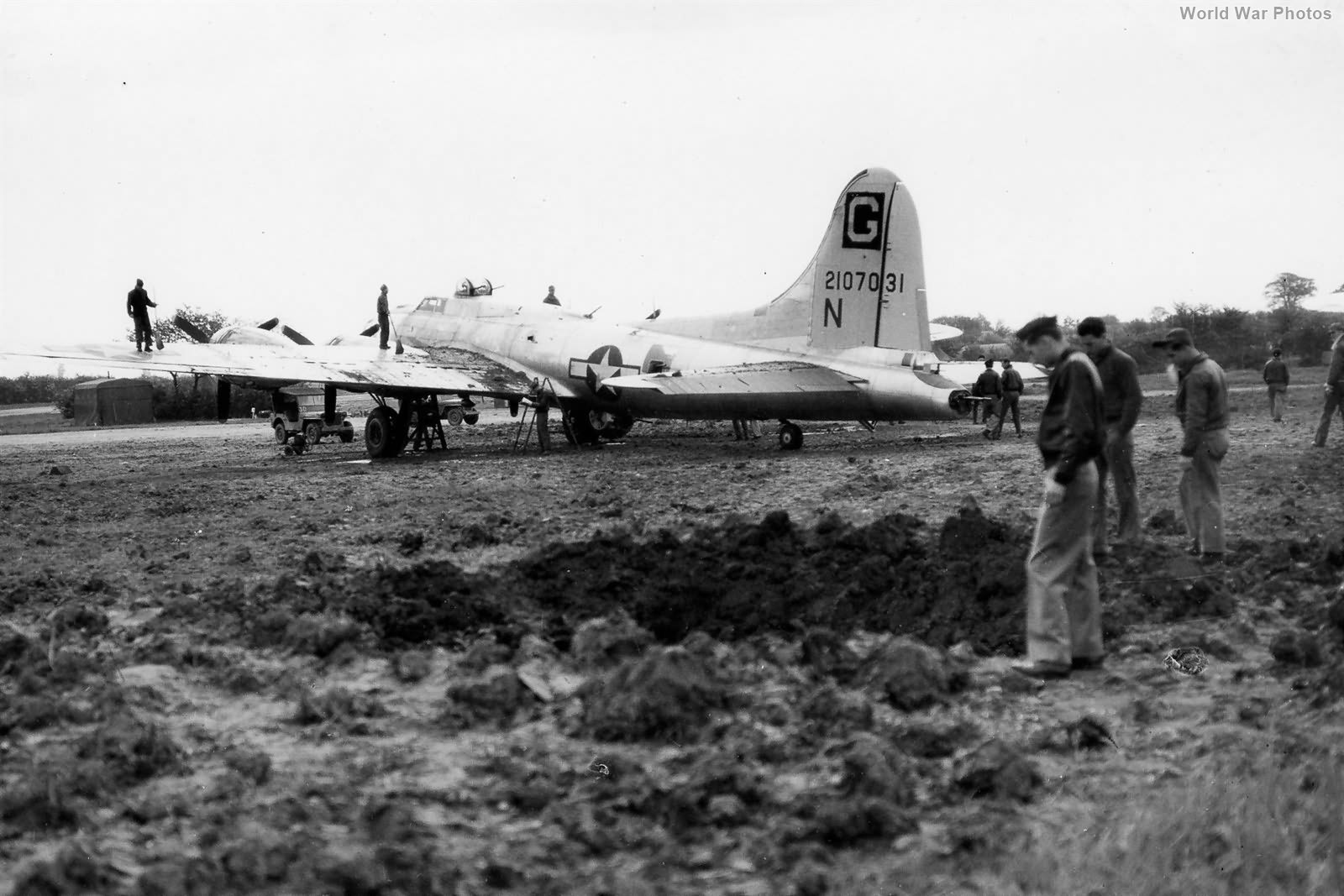B-17 42-107031 of the 385th BG after German air raid on Great Ashford 1944