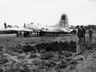B-17 42-107031 of the 385th BG after German air raid on Great Ashford 1944