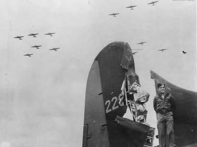 B-17 of 384th BG, tail hit by 20 mm cannon 1943