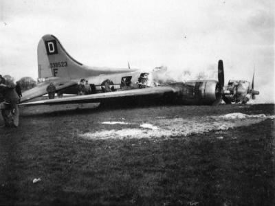 Burned-out B-17G 43-38523 EP-F of the 100th BG 4 January 1945