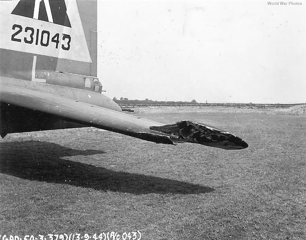 Battle damage to tail of B-17G 42-31043 of the 379th BG