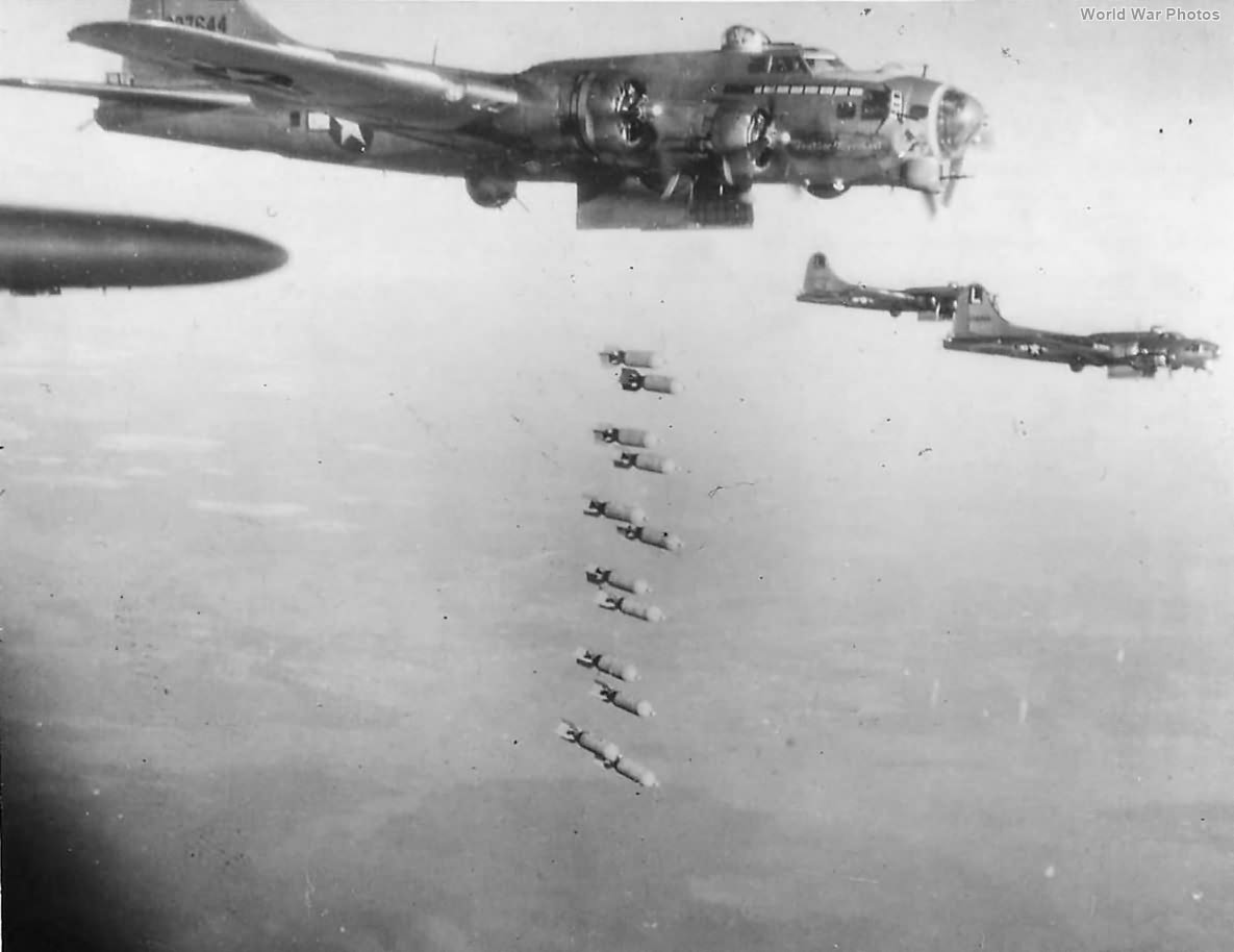 Bombs falling from 452nd BG B-17 43-37644