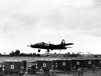 Damaged B-17F of the 385th BG returns to England 1943