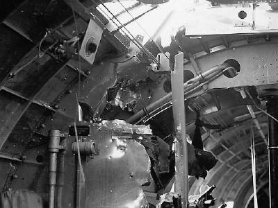 Interior battle damage on 379th BG B-17