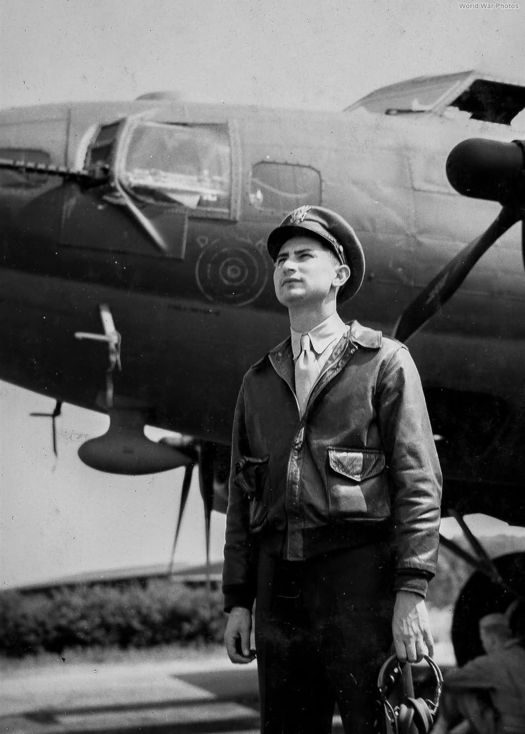 Pilot Lt. Kaplan of the 549th BS, 385th seen in front of his B-17 26 July 1943