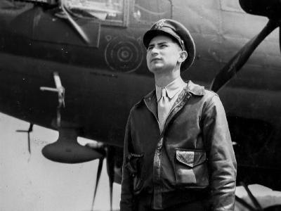 Pilot Lt. Kaplan of the 549th BS, 385th seen in front of his B-17 26 July 1943