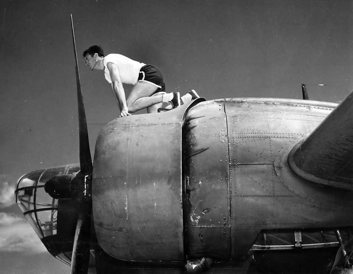 Olympic distance runner Louis Zamperini atop B-18A Bolo at Midland Flying School 1943