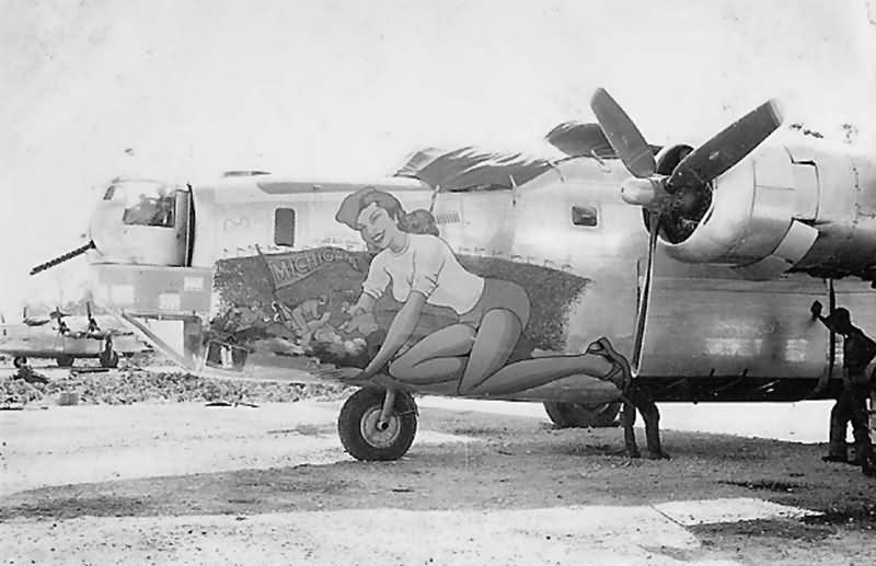 B-24J 44-40429 of the 43th BG, 64th Bomb Squadron, Michigan nose art