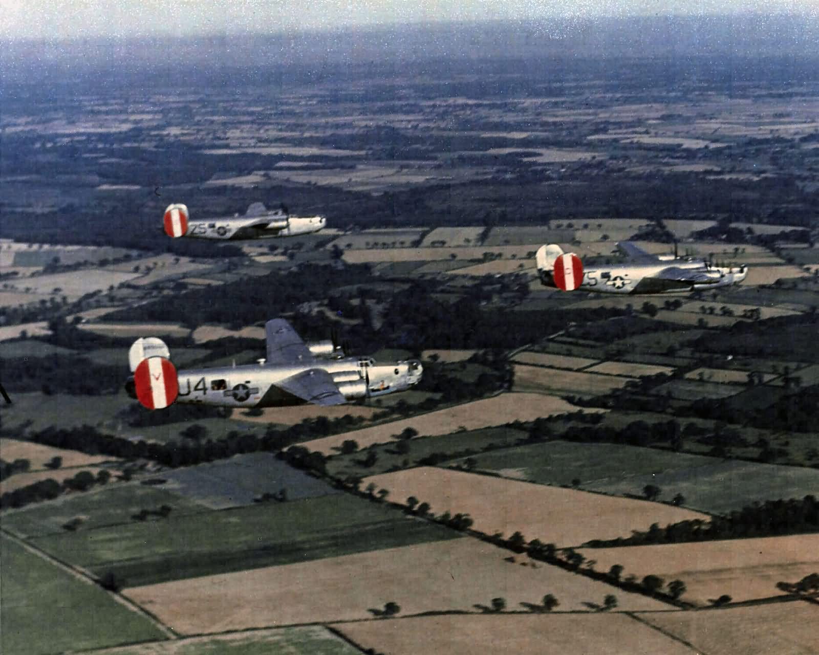 B-24 Liberators of the 458th Bomb Group, 8th AAF Flying over English Countryside