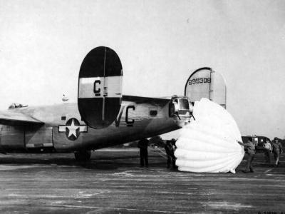 B-24 had to use parachutes for brakes to land at its base in England of the 445th BG 702nd BS